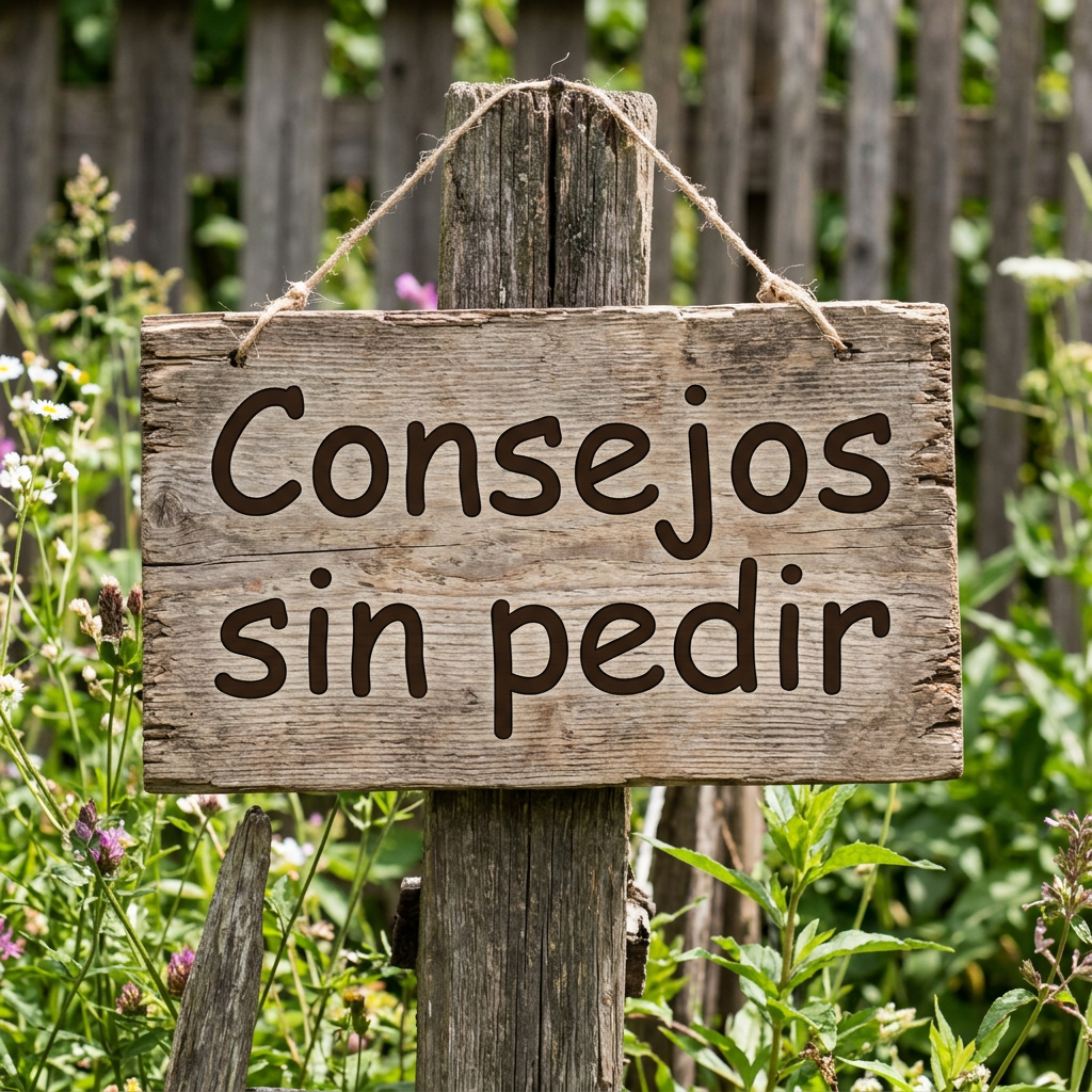Wooden sign hanging on post with text 'Consejos sin pedir'